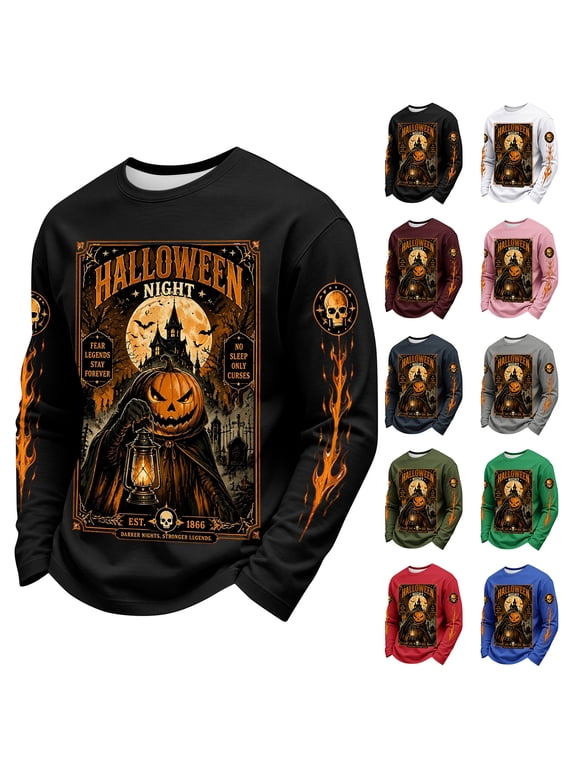 Men's Halloween Evil Pumpkin Graphic Long Sleeve Crew Neck Sweatshirt Casual Fall Streetwear Loungewear Pullover Top for Men Watermelon Red L