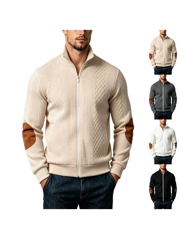 Men's Jacquard Knit Full Zip Stand Collar Jacket Slim Fit Elbow Suede Patch Ribbed Cuffs Hem Fall Spring Outerwear for Men 2026 White M