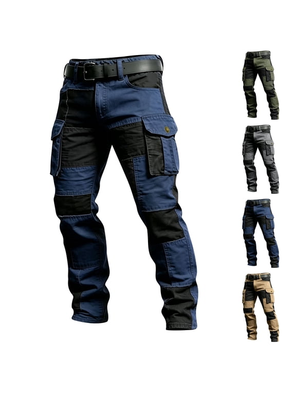 Men's Tactical Pants Multi Pockets Color Block Cotton Linen Outdoor Hiking Casual Cargo Trousers Daily Wear Khaki XXL