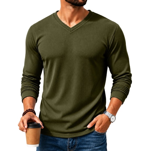 Sorvello Men's V-Neck Long Sleeve T-Shirt Fall Breathable textured fabric Casual Pullover Tops Army Green L