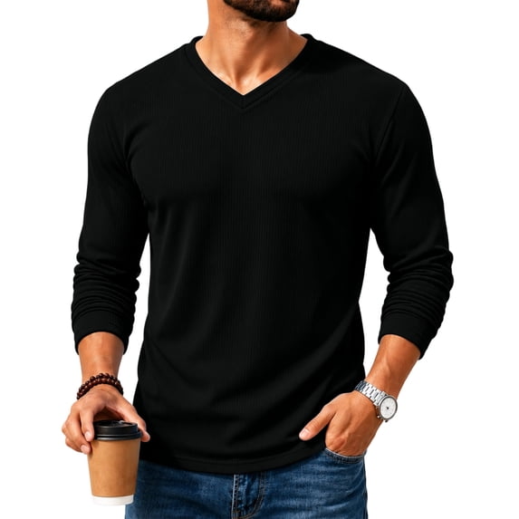 Sorvello Men's V-Neck Long Sleeve T-Shirt Fall Breathable textured fabric Casual Pullover Tops Black 3XL