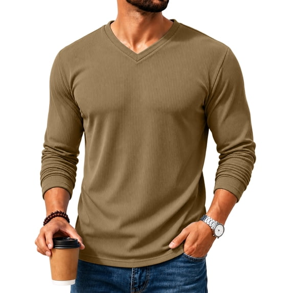 Sorvello Men's V-Neck Long Sleeve T-Shirt Fall Breathable textured fabric Casual Pullover Tops Earthy Yellow XL