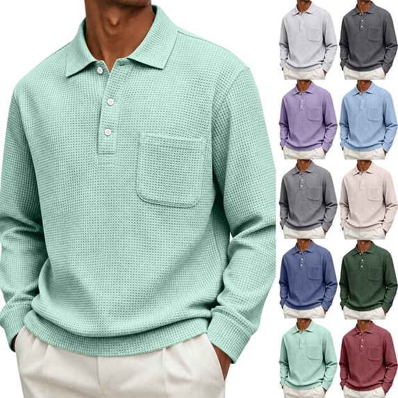 Sorvello Men's Waffle Knit Top Button Front Lapel Collar Long Sleeve Polo Shirt With Chest Pocket Casual Sports Lounge Daily Spring Fall Sweatshirt Light Gray XXXL