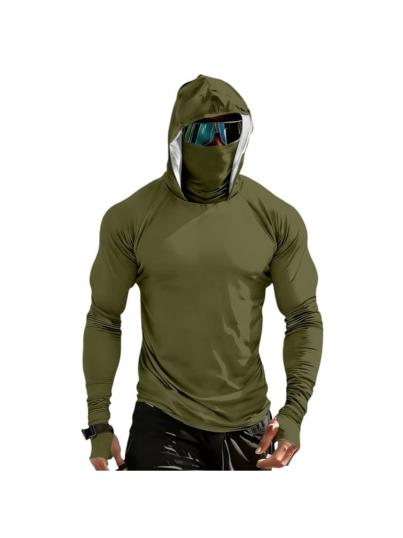 Mens Casual Raglan Hooded Long Sleeve Sun Protection Shirt Lightweight Pullover Face Cover Thumbhole Top Army Green S