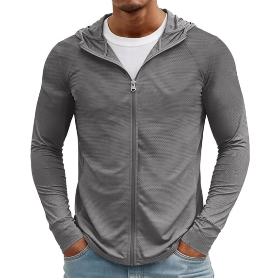 Sorvello Mens Lightweight Sun Protection Jacket Full Zip Hooded Long Sleeve Breathable Outdoor Riding Fishing Hiking Top Dark Gray L