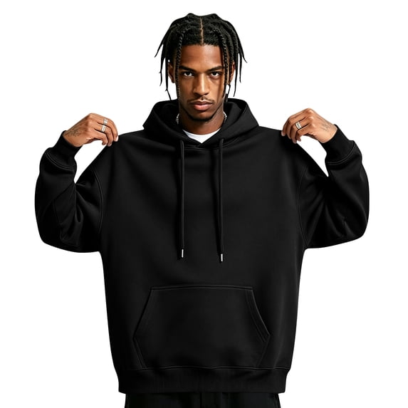 Sorvello Mens Vintage Fleece Hoodie Loose Fit Pullover Hooded Sweatshirt Long Sleeve Casual Autumn Winter Kangaroo Pocket Black L