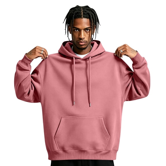 Sorvello Mens Vintage Fleece Hoodie Loose Fit Pullover Hooded Sweatshirt Long Sleeve Casual Autumn Winter Kangaroo Pocket Pink XL