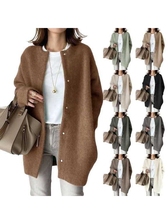 Oversized Wool Blend Button Down Cardigan for Women Mid Length Collarless Open Front Lounge Coat Fall Winter Sweater Casual Work Daily Black M