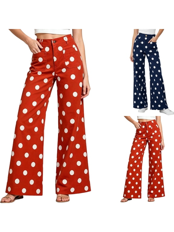 Polka Dot Wide Leg Jean for Women High Waisted Y2K Vintage Stretch Boyfriend Denim Pant 90s Streetwear Casual Baggy Trouser Orange M