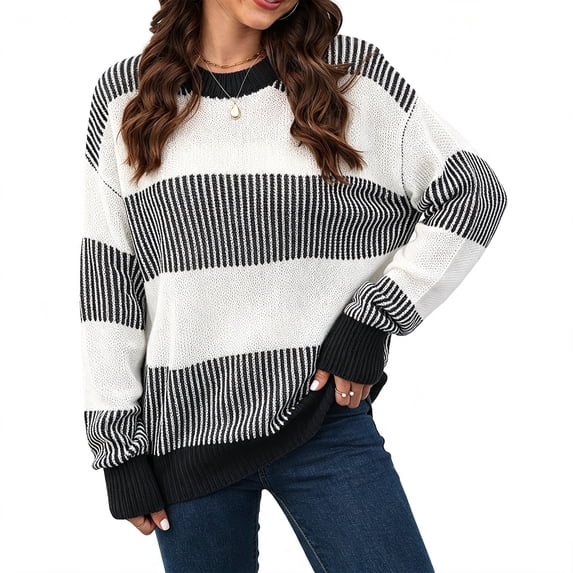 Sorvello Sweaters for Womens Oversized Sweaters Lightweight Knit Color Block Pullover Sweater Fall Winter Black L
