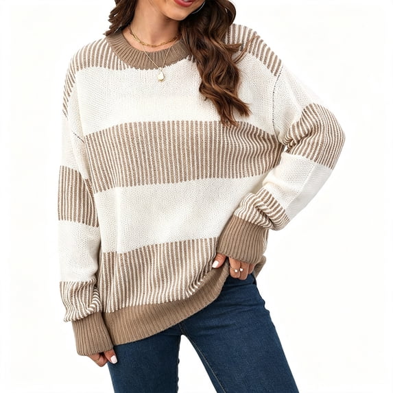 Sorvello Sweaters for Womens Oversized Sweaters Lightweight Knit Color Block Pullover Sweater Fall Winter Khaki XL