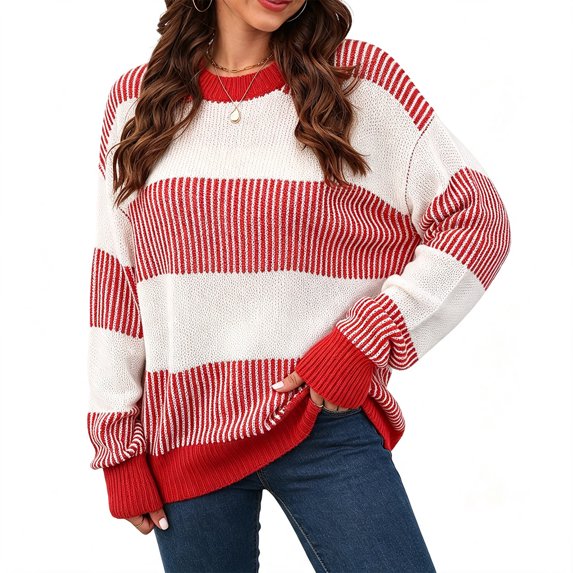 Sorvello Sweaters for Womens Oversized Sweaters Lightweight Knit Color Block Pullover Sweater Fall Winter Red 2XL