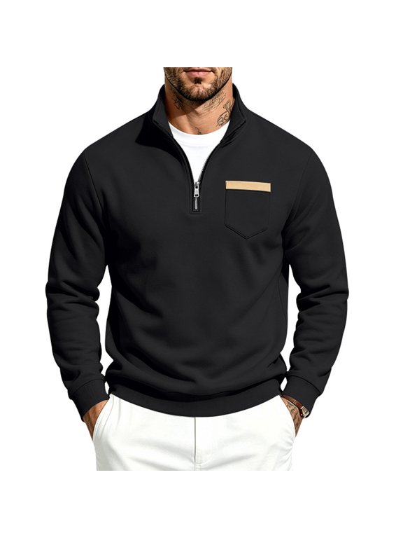 Sweatshirts for Men,Quarter Zip Pullover,Chest Pocket,Ribbed Cuffs and Hem,Stand Collar,Solid Black 3XL