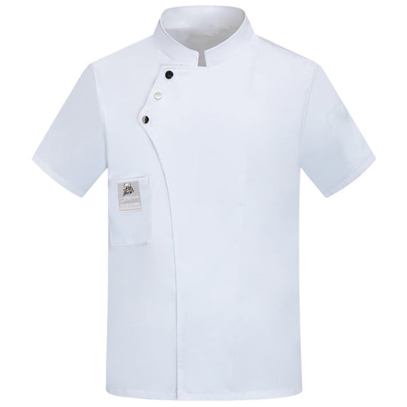 Sorvello Unisex Short Sleeve Chef Coat Restaurant Kitchen Work Uniform Top Stand Collar Asymmetrical Button Front Pocket White L