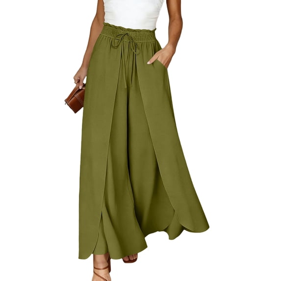 Sorvello Wide Leg Pants for Women Casual Elastic Waist Drawstring Pants Linen Pants Women, Palazzo Pants, All-Season Wear, Side Pockets Army Green L