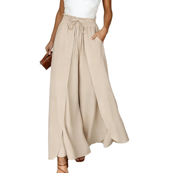 Sorvello Wide Leg Pants for Women Casual Elastic Waist Drawstring Pants Linen Pants Women, Palazzo Pants, All-Season Wear, Side Pockets Beige S