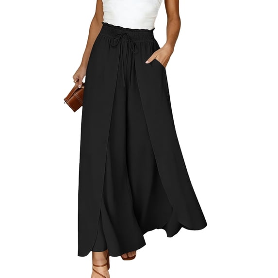 Sorvello Wide Leg Pants for Women Casual Elastic Waist Drawstring Pants Linen Pants Women, Palazzo Pants, All-Season Wear, Side Pockets Black S