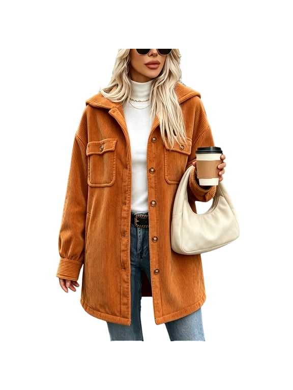 Women Corduroy Shacket Button Down Shirts Long Sleeves Jacket Coat Loose CasualSide Pockets Lapel Fall Clothes Orange 2XL