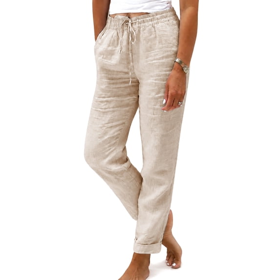 Sorvello Women Cotton Linen Pants Beach Flowy Casual Drawstring Pants With Pockets,Cotton blend,Vacation Beige L