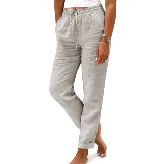 Sorvello Women Cotton Linen Pants Beach Flowy Casual Drawstring Pants With Pockets,Cotton blend,Vacation Gray 2XL