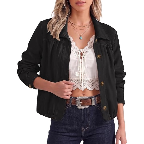 Sorvello Women Lightweight Cropped Jacket Long Sleeve Button Down Turn‑Down Collar Relaxed Fit Casual Outerwear For Spring Fall Daily Wear Black M
