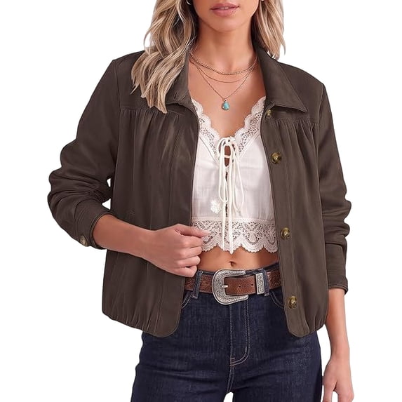 Sorvello Women Lightweight Cropped Jacket Long Sleeve Button Down Turn‑Down Collar Relaxed Fit Casual Outerwear For Spring Fall Daily Wear Coffee XL