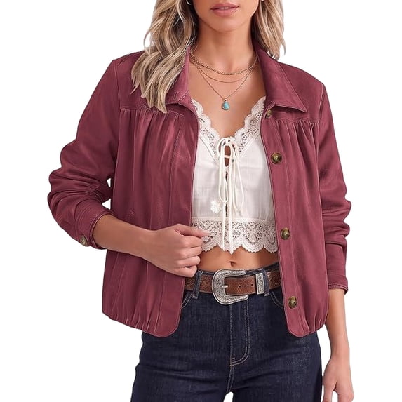 Sorvello Women Lightweight Cropped Jacket Long Sleeve Button Down Turn‑Down Collar Relaxed Fit Casual Outerwear For Spring Fall Daily Wear Wine M