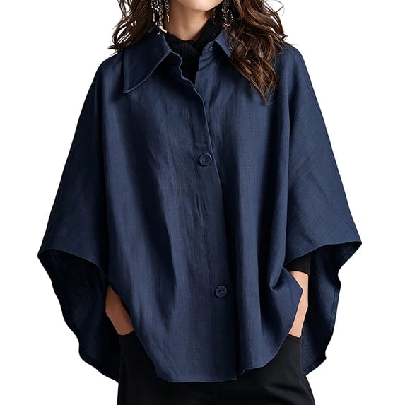 Sorvello Women Poncho Sleeve Lapel Button Down Oversized Batwing Shirt Outerwear Summer Fall Loose Top Causal Outfits Navy L