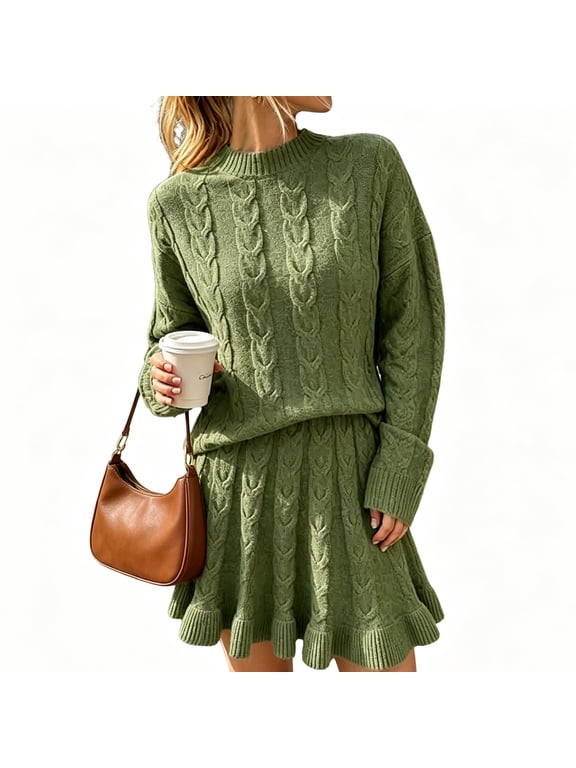 Women's 2 Piece Cable Knit Sweater Skirt Set High Neck Long Sleeve Top Ruffle Hem Mini Skirt Army Green XL