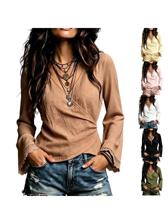 Women's Boho V Neck Wrap Top Long Sleeve Lace Bell Sleeve Linen Blend Pullover Pleated Waist Fall Casual Fashion Blouse for Women Coffee M