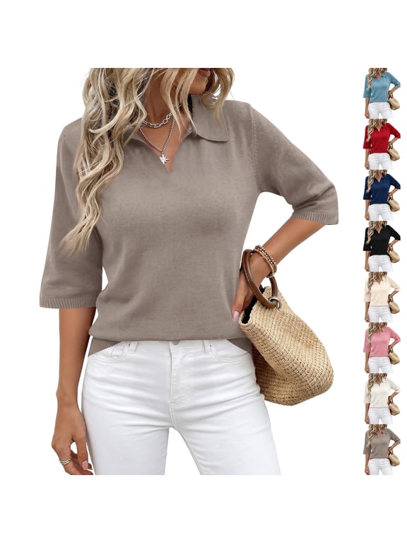 Women's Collared Knit Polo Shirt Three Quarter Sleeve Loose Fit Sweater Business Casual Travel Vacation Top for Women Black XXL