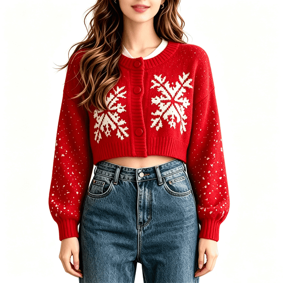 Sorvello Women's Cropped Christmas Snowflake Cardigan Sweater, Button‑Front Round Neck Drop‑Shoulder Long Sleeve Ribbed Trim Winter Knit Short Outerwear Red 2XL