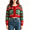 thumbnail image 1 of Sorvello Women's Cropped Christmas Snowflake Cardigan Sweater, Button‑Front Round Neck Drop‑Shoulder Long Sleeve Ribbed Trim Winter Knit Short Outerwear Green L, 1 of 4