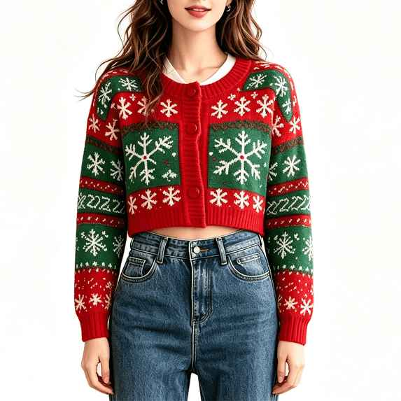 Sorvello Women's Cropped Christmas Snowflake Cardigan Sweater, Button‑Front Round Neck Drop‑Shoulder Long Sleeve Ribbed Trim Winter Knit Short Outerwear Green L