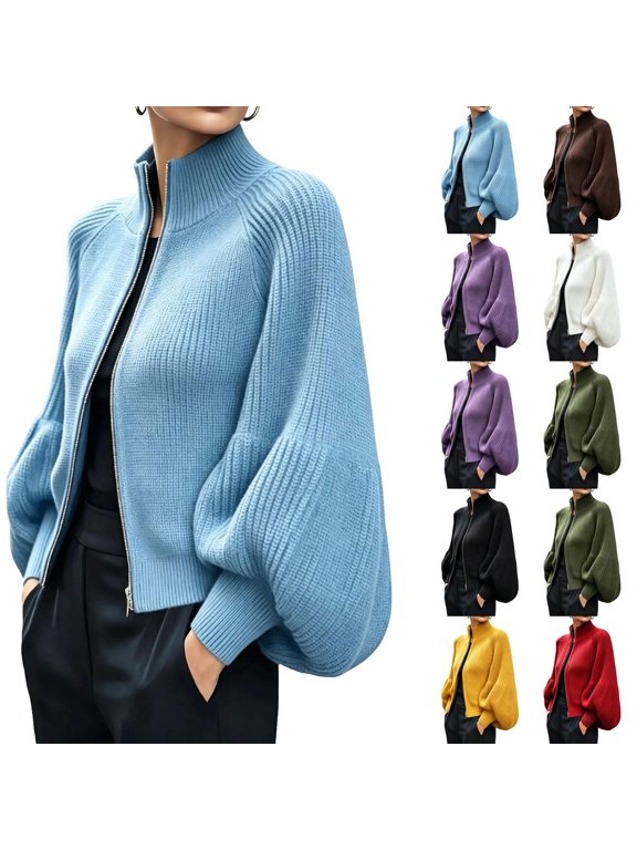 Women's Cropped Knit Cardigan Zip Up Stand Collar Lantern Sleeve Textured Jacket Warm Fall Winter Work Street Outerwear for Women Army Green L