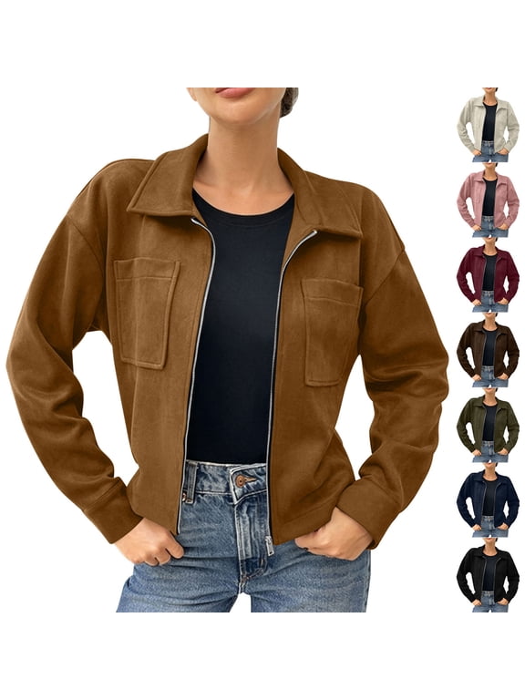 Women's Faux Suede Cropped Moto Jacket Zip Up Collared Long Sleeve Top with Pockets Casual Streetwear Fall Winter Outerwear Coat for Women Navy XL