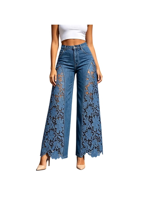 Women's Floral Lace Patchwork Wide Leg Denim Jeans High Waist Hollow Side Cutout Scalloped Hem Blue S