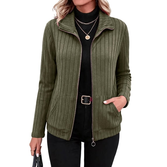 Sorvello Women's Full Zip Up Cardigan Sweater Lightweight Casual Long Sleeve Jackets with Pockets Army Green L