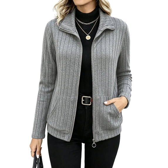 Sorvello Women's Full Zip Up Cardigan Sweater Lightweight Casual Long Sleeve Jackets with Pockets Gray XL