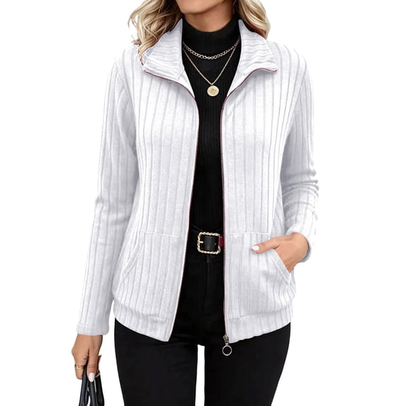 Sorvello Women's Full Zip Up Cardigan Sweater Lightweight Casual Long Sleeve Jackets with Pockets White L