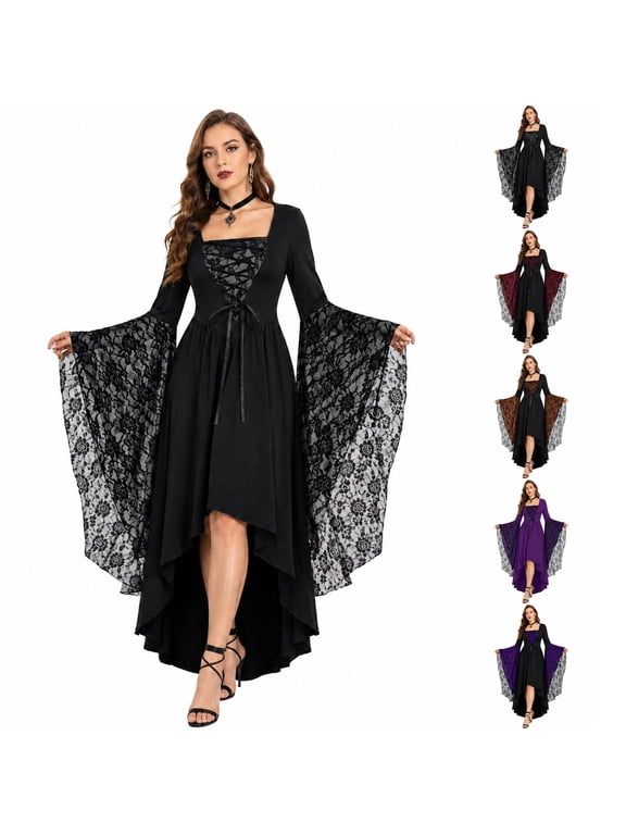 Women's Gothic Court Dress Square Neck Lace Patchwork Bell Sleeve High Low Hem Dress Halloween Witch Cosplay Costume Elegant Party Gown for Women Black L
