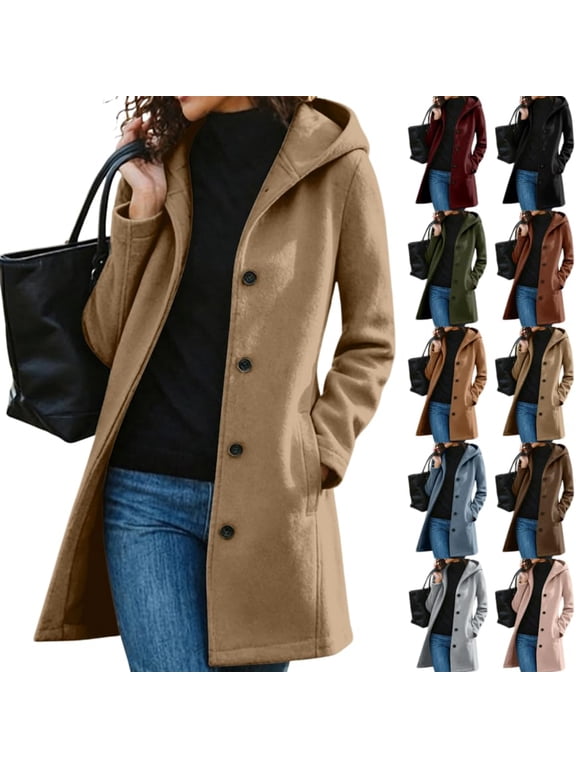 Women's Hooded Single Breasted Long Wool Coat Casual Warm Winter Outerwear for Women Fall Jacket with Pockets Button Front Army Green S