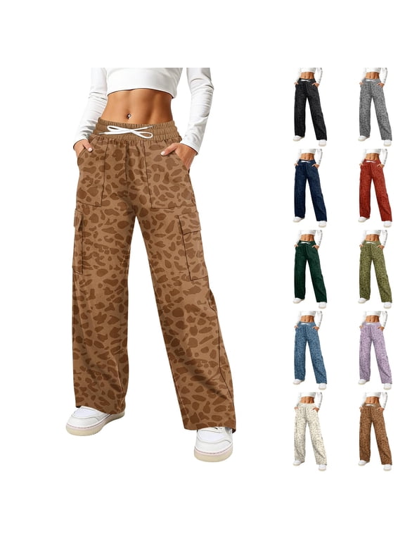 Women's Leopard Cargo Pants Drawstring Elastic Waist Four Way Stretch Pants for Women Straight Leg Loose Casual Trousers with Pockets Brown M