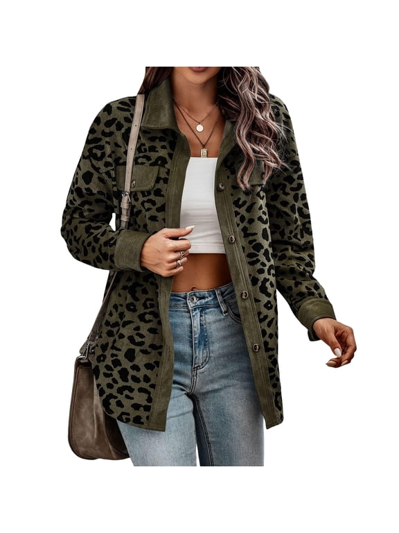 Women's Leopard Print Shirt Casual Long Sleeve Button Down Blouse, Fall Winter Fashion Oversized Top Army Green XL