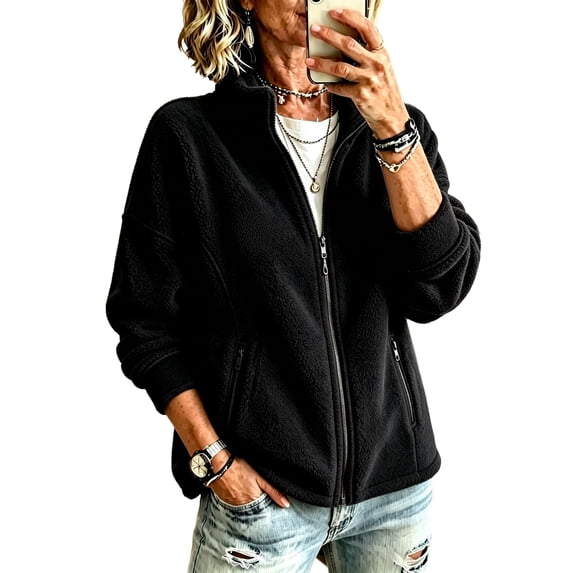 Sorvello Women's Lightweight Fleece Lined Jacket, Long Sleeve Casual Fall Outerwear With Pockets Black L