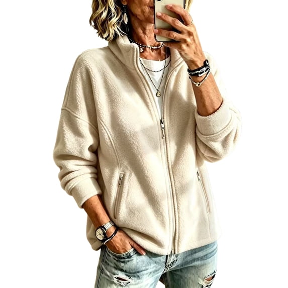 Sorvello Women's Lightweight Fleece Lined Jacket, Long Sleeve Casual Fall Outerwear With Pockets White L