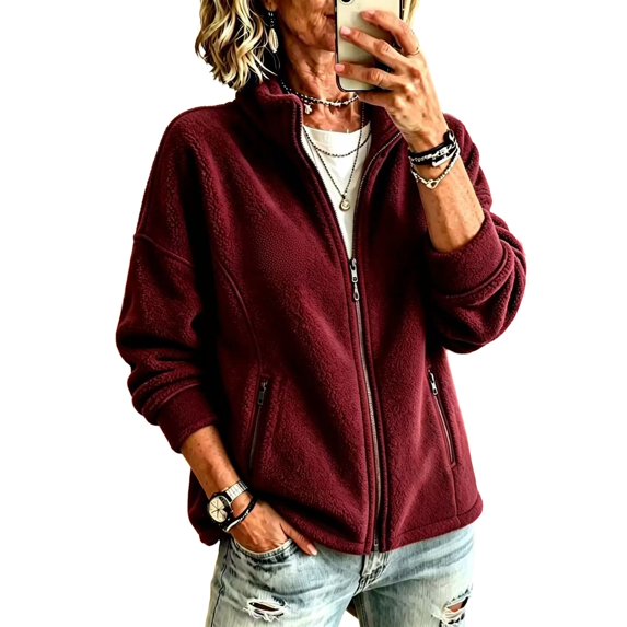 Sorvello Women's Lightweight Fleece Lined Jacket, Long Sleeve Casual Fall Outerwear With Pockets Wine M