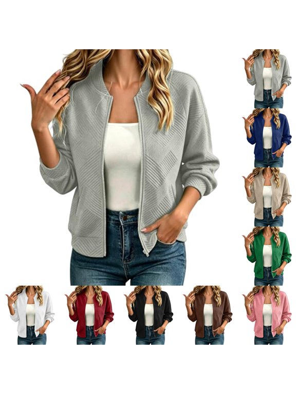 Women's Lightweight Zip Up Bomber Jacket Fall 2026 Casual Soft Textured Fabric Top Ribbed Collar Full Zipper Elastic Cuffs Daily Wear for Women Pink XL