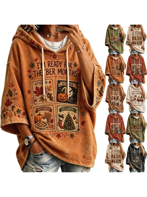 Women's Oversized Cartoon Print Hoodie Three Quarter Bell Sleeve Drawstring Hood Top Fall Streetwear Casual Loose Sweatshirt for Women Dark Green S
