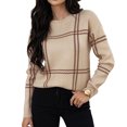 thumbnail image 1 of Sorvello Women's Plaid Knit Sweater, Oversized Crewneck Pullover Long Sleeve, Ribbed Cuffs & Hem Casual Fall Style Beige L, 1 of 9